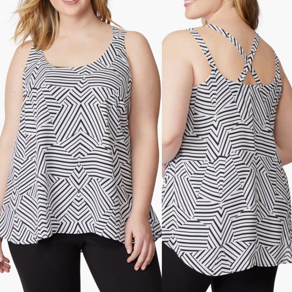 NEW NWT REBEL WILSON x ANGELS Plus Size Cross Strap Tank White Black Geo Striped